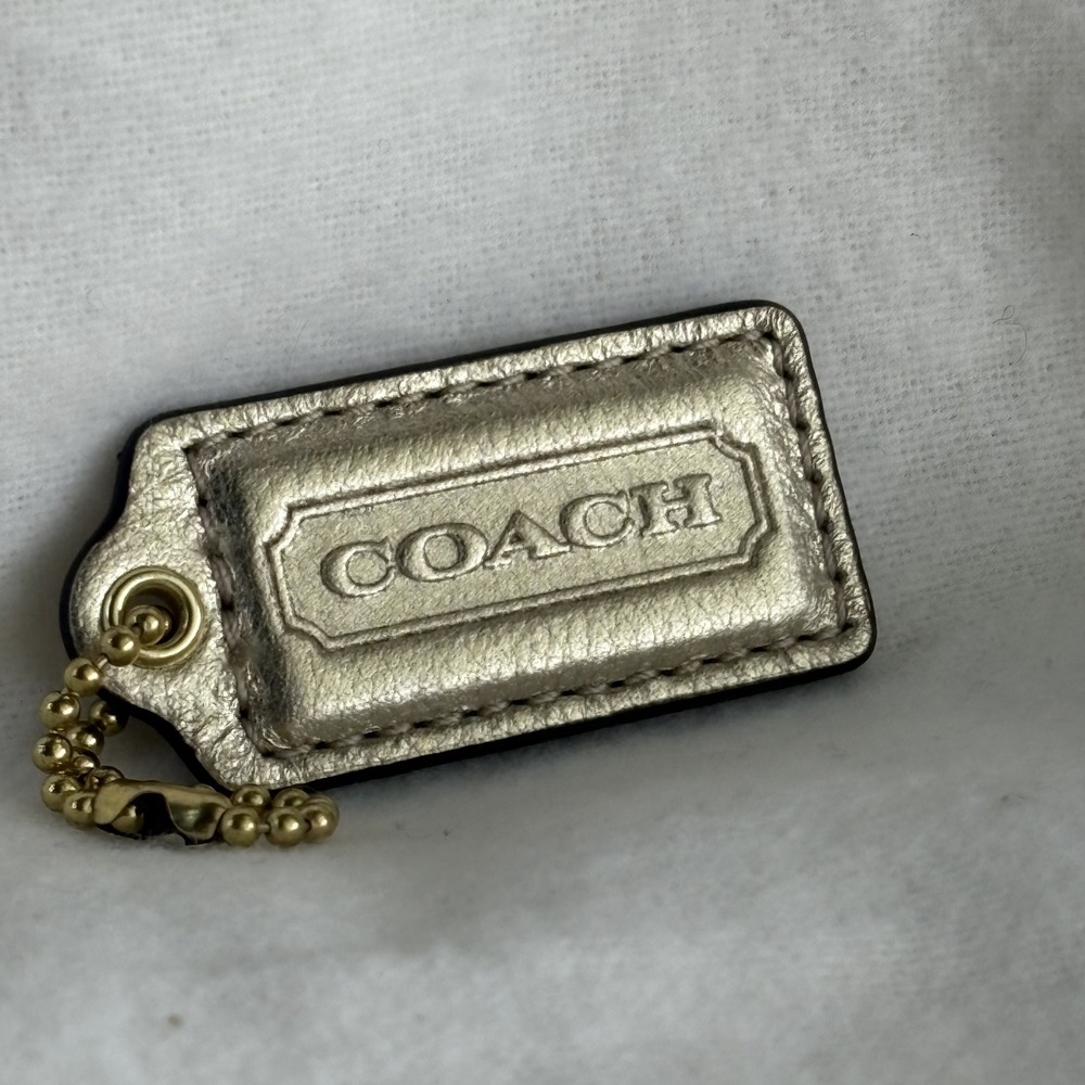 COACH 2.25" Hang Tag Fob Bag Charm Metallic Pale Gold Leather, Gold Ball Chain